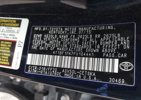 2015 Toyota Camry Se из США, поврежденный, VIN 4T1BF1FK7FU104441